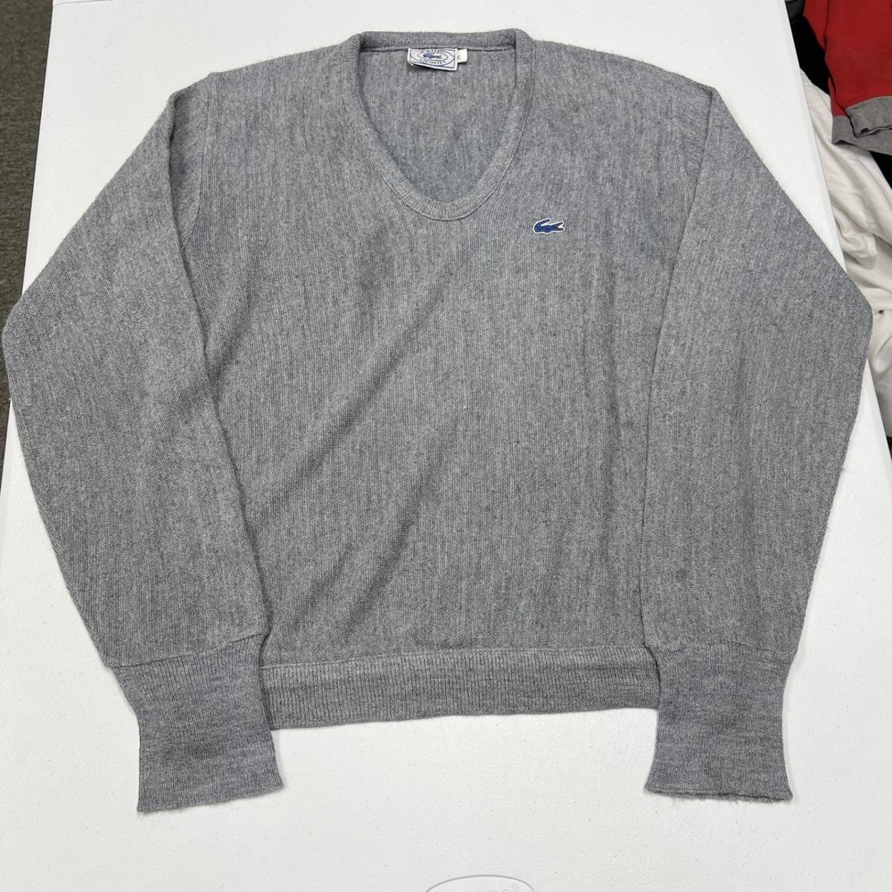 80s Lacoste V-Neck Sweater Mens M Gray Fair Vintage Blue Croc Logo Pullover